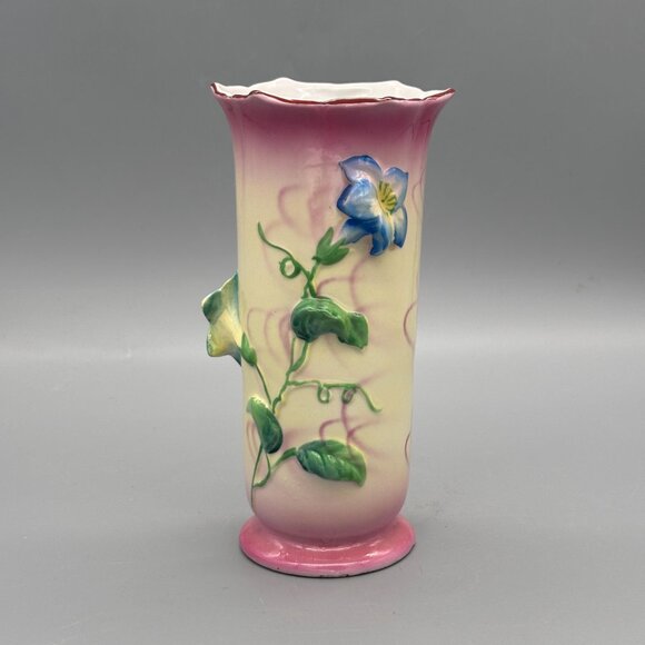 Antique 1920's Trico Nayoga Japan Hand Painted Orange Vase w Flowers 7” Set of 2 - Picture 2 of 8